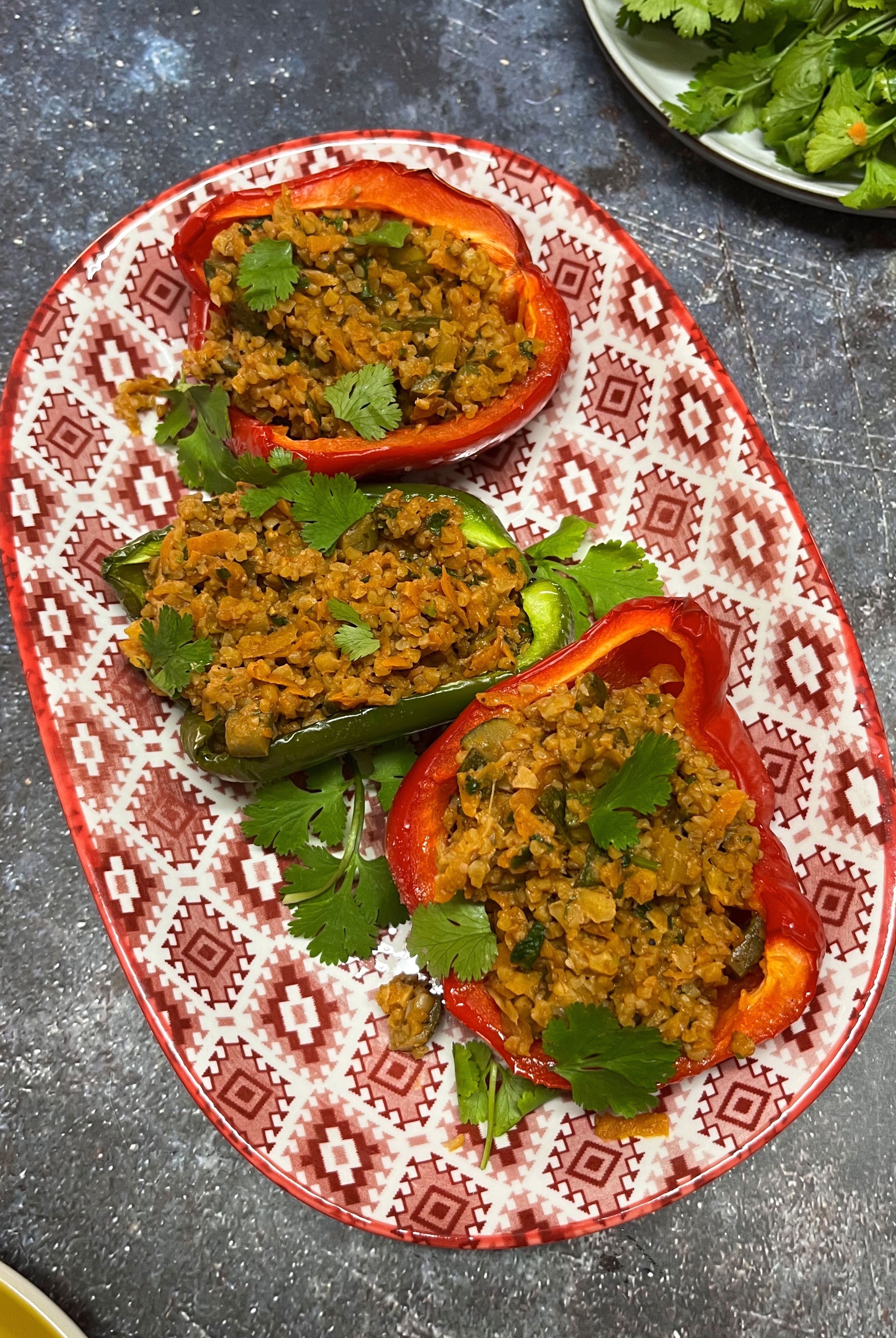 Bulgur and harissa stuffed peppers